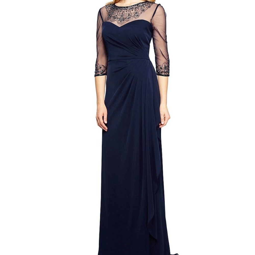 Alex Evenings gown illusion embellished Navy 8